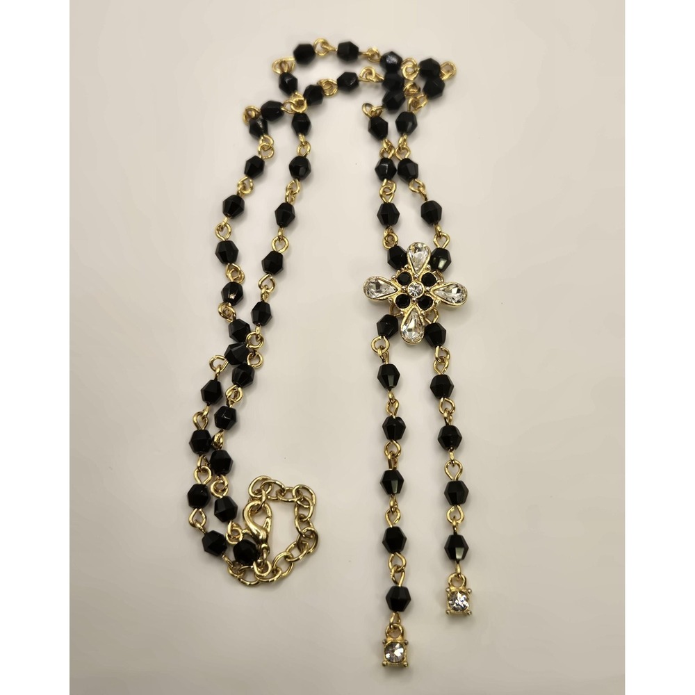 Anne Klein Black Beaded Y-Necklace Gold Tone Crystal Cross Pendant Vintage Style